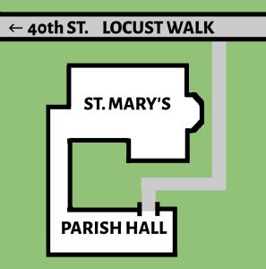 Map showing Parish Hall behind St. Mary's Sanctuary at 3916 Locust Walk