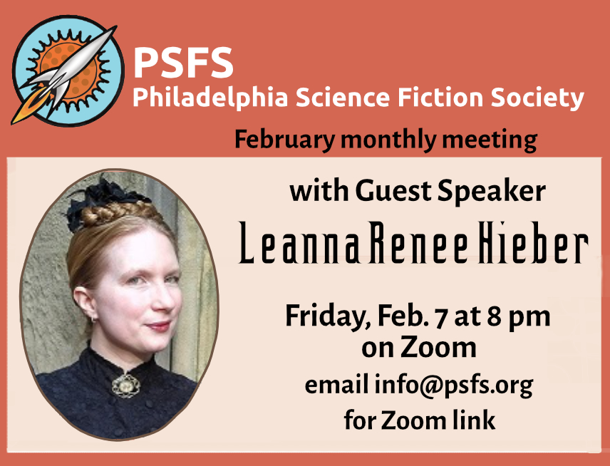 PSFS February meeting shows headshot of Leanna Renee Hieber in Victorian outfit.